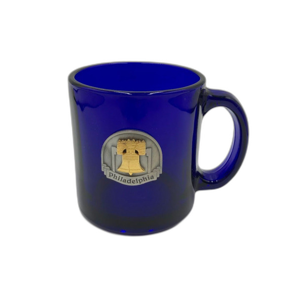 Cobalt Blue Glass Coffee Tea Mug Philadelphia Liberty Bell Tourist Souvenir - Picture 1 of 12